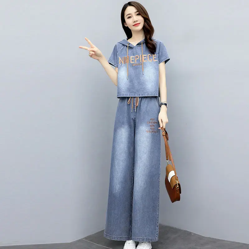 Bộ Đồ Thường Ngày Hai Mảnh, Chất Liệu Denim, Dành Cho Nữ, Quần Dài Ống Rộng, Áo Khoác ngắn Tay, Dễ Phối Đồ, Ngoại Cỡ, Bó Sát Và Thời Trang, Thích Hợp Cho Mùa Hè 2023 Women Top