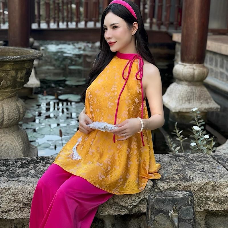 Y01 SET ĐỒ NỮ ÁO YẾM CỘT DÂY KÈM QUẦN SUÔNG DÀI, CHẤT LIỆU GẤM TƠ TẰM - FREE SIZE 6