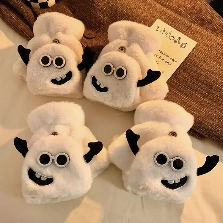 Găng Tay Lật Nhồi Bông, Dễ Thương Và Nữ, Mùa Đông, Hở Ngón Tay Hở Ngón Tay, Lót Lông Cừu, Dày Dặn, Màn Hình Cảm Ứng, Thích Hợp Cho Học Sinh, Đi Xe Đạp, Chống Lạnh, Ấm Áp 6