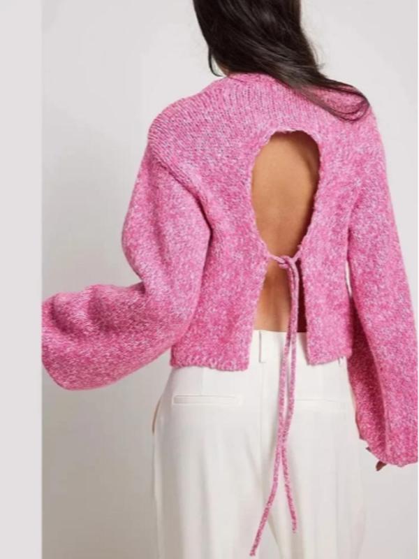 Women's Cut Out Backless Lantern Sleeve Sweater, Fashion Casual Drop Shoulder Tie Back Jumper for Daily Outdoor Wear, Ladies Knit Top for Spring & Fall 2