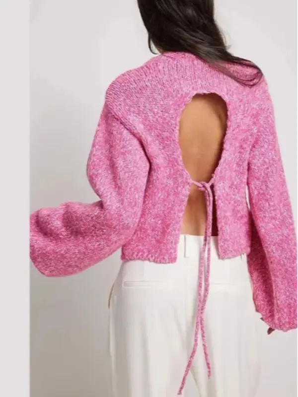 Women's Cut Out Backless Lantern Sleeve Sweater, Fashion Casual Drop Shoulder Tie Back Jumper for Daily Outdoor Wear, Ladies Knit Top for Spring & Fall 2