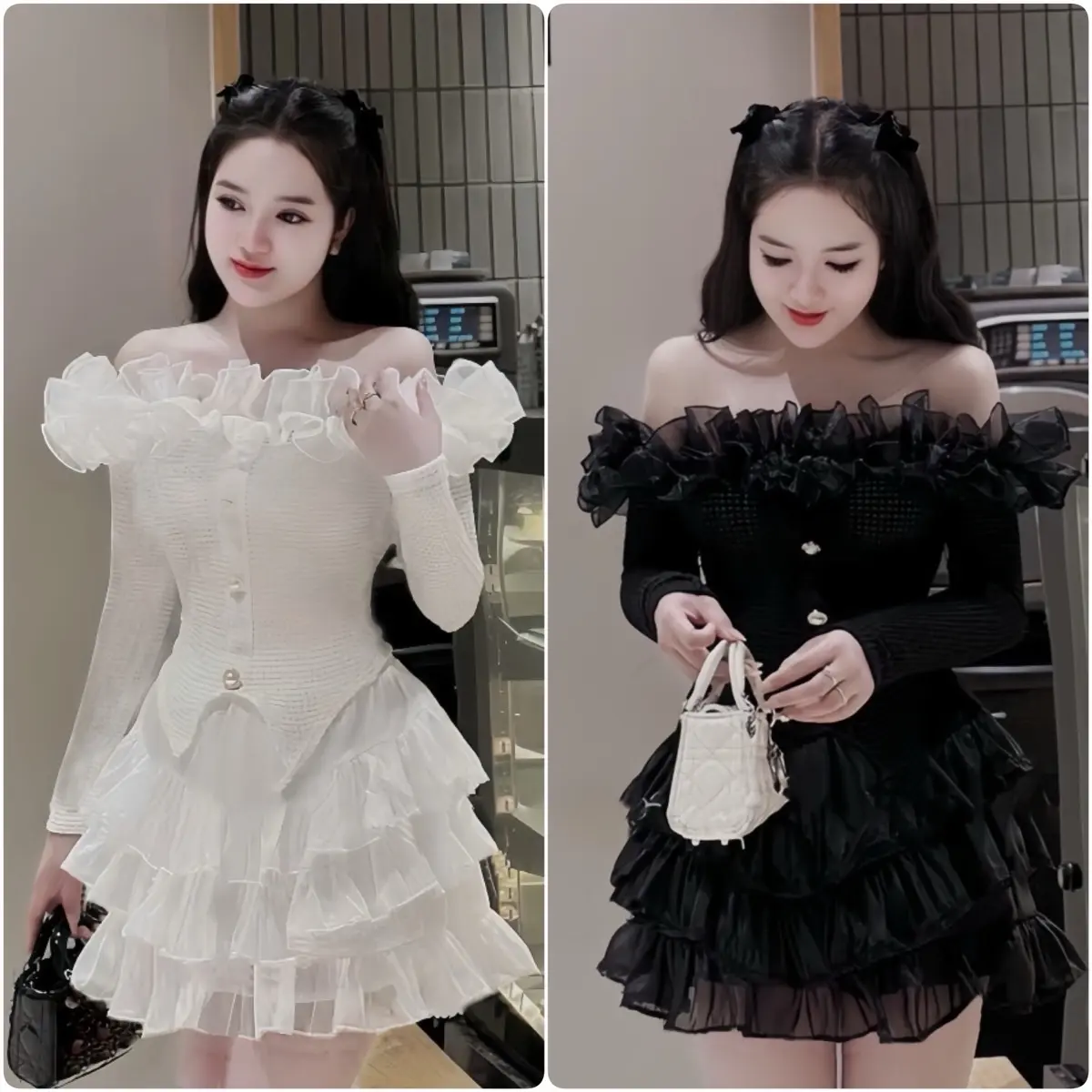 Sét Váy Đen Bèo Áo Bo Tăm Trễ Vai + Chân Váy Von Bèo 3 Tầng (X1) Nữ