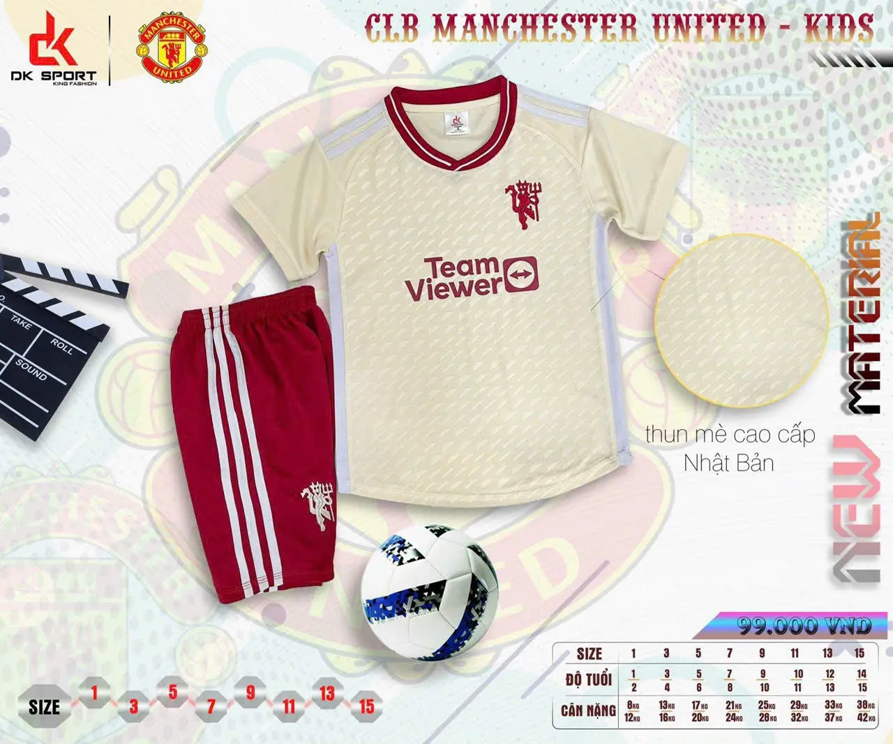 Bộ quần áo đá bóng Manchester United kem- trẻ em- vải mè Nhật (có in TÊN + SỐ theo yêu cầu)