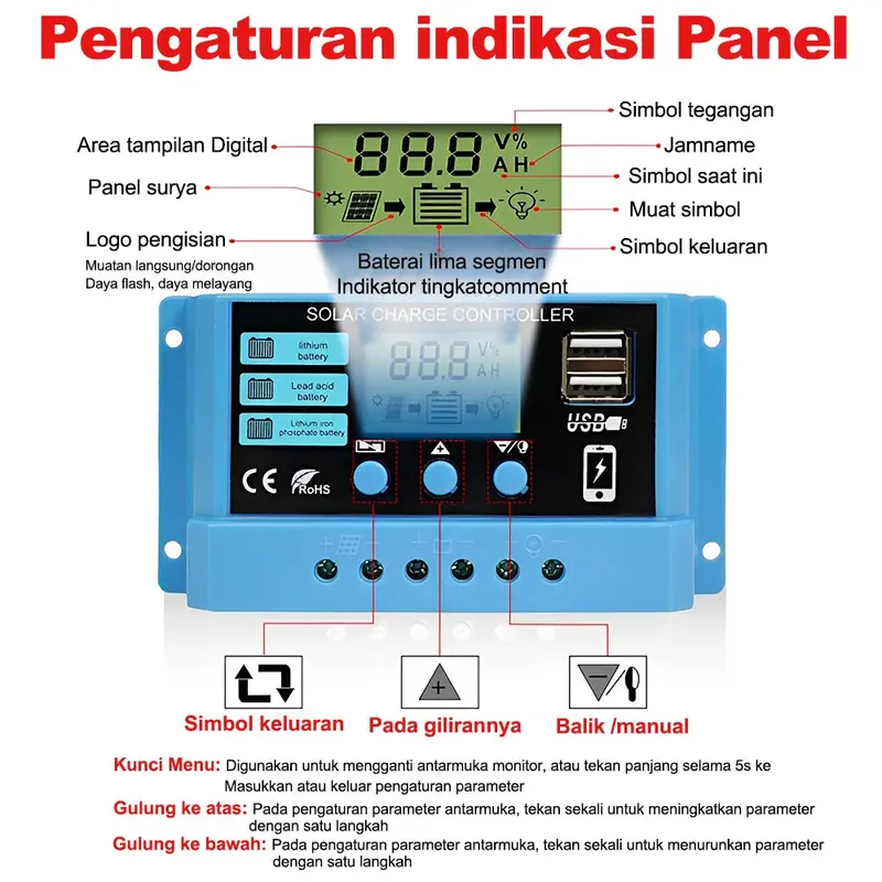 Pengontrol Pengisi Daya Surya Tampilan LED LCD PWM Surya 12V/24V 10A 20A 30A Panel USB Pengisi Daya Surya 5