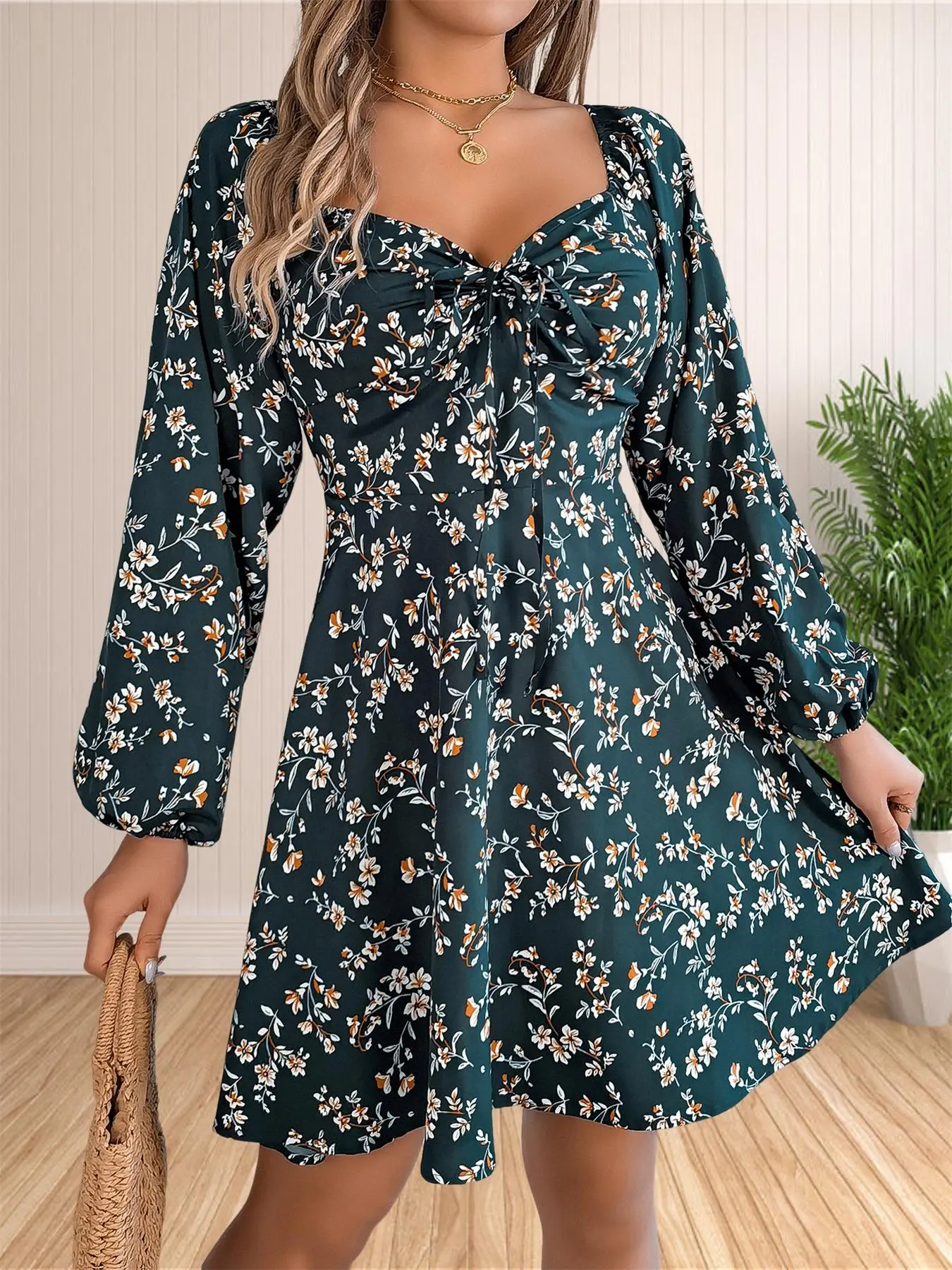 Women's Ditsy Floral Print Ruched Tie Front A Line Dress, Casual Bishop Sleeve Sweetheart Neck Short Dress for Fall, Women's Clothes for Daily Wear Valentine's Day, gift