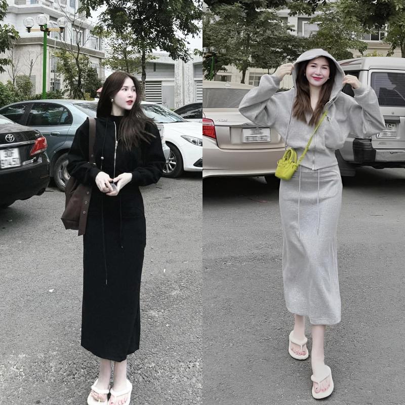 Set áo len tăm  khoá tay dơi  mix chân váy xuông dễ thương, Set đồ bộ áo mũ chân váy dài Kem Đen Nữ Kim Tuyến Women