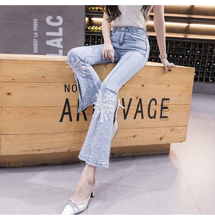 Product Introduction of Quần Jean Nữ, Phong Cách Người Ảnh Hưởng TikTok, Với Đính Cườm Nặng Và Ren, Cạp Cao, Mỏng Vừa Vặn, Dễ Phối Đồ, Quần Ống Loe, Hợp Xu hướng 21