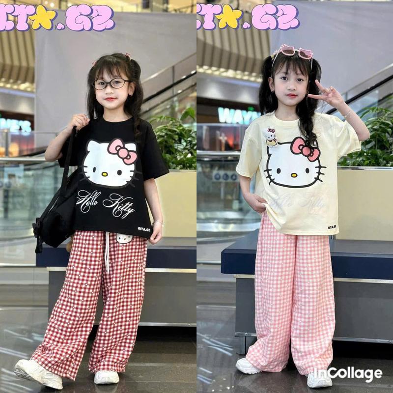 SÉT COMBO 2 BỘ QUẦN DÀI ÁO PHÔNG BÉ GÁI ( HELLO KITTY ĐEO NƠ TIM ) vải cotton tàu size 9-45 kg m99