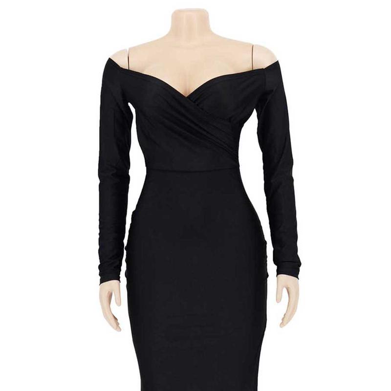 Lady Evening Dress V Neck Off Shoulder Side Slit Floor Length Long Sleeves Pleated Slim Fit Maxi Dress Ball Gown Banquet Party Dress 2