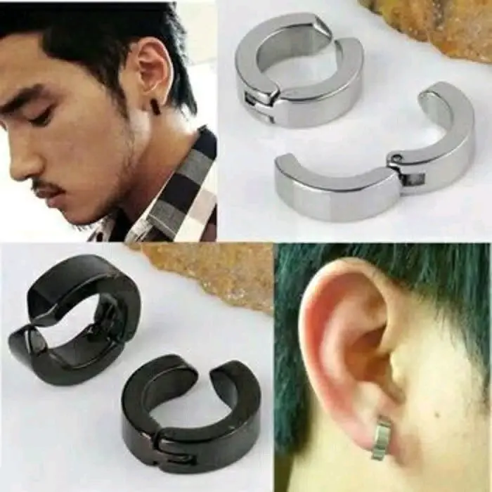 Tindik Jepit Titanium anting tanpa lubang hitam silver pria wanita piercing Anting Fake