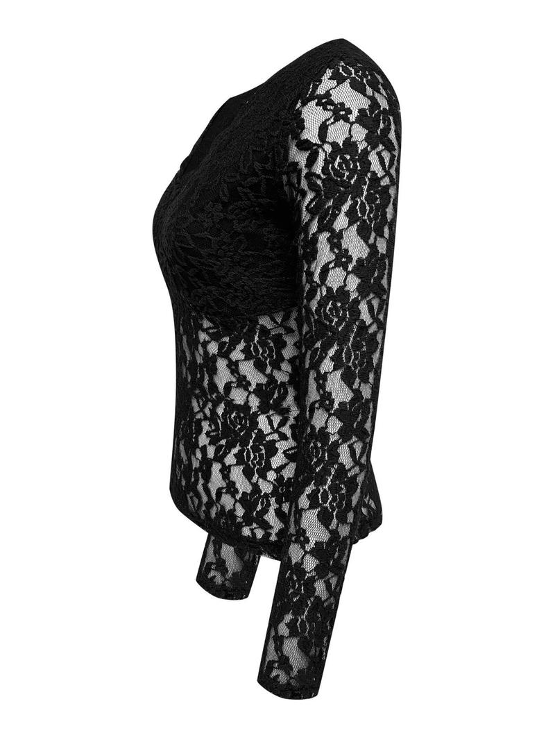 Product Introduction of Women's Plain Contrast Mesh Scallop Trim Sheer Lace Top, Casual V Neck Long Sleeve Top for Party Holiday Vacation, Ladies Clothes for All Seasons Valentine's Day, gift 14