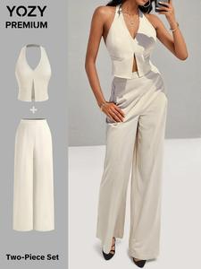 YOZY Women's Solid Color Crop Top & Pocket Wide Leg Pants Two-piece Set, Elegant Fashion Casual Two Piece Outfits for Daily Outdoor Wear, Ladies Clothes for All Seasons
