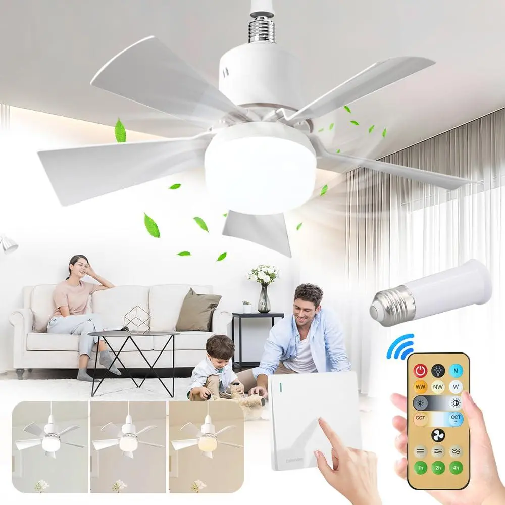 E27 Socket Fan Light, Detachable Five-leaf Remote Control Ceiling Fan Light, Ceiling Fans Lights for Living Room, Bedroom, Kitchen
