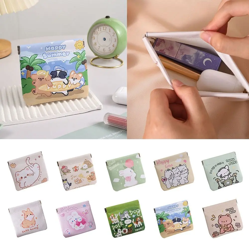Portable PU Lipstick Makeup Bag Automatic Closing Waterproof Cosmetic Organizer Pouch Cartoon Data Cable Storage Bag Travel