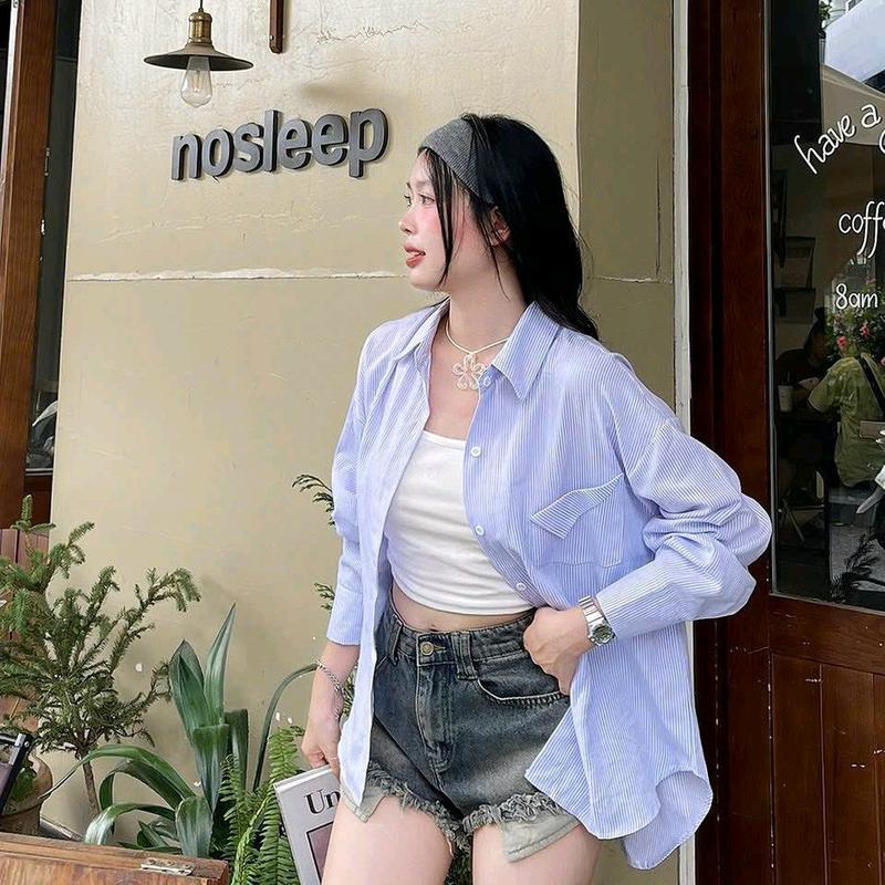 Áo  sơ-mi dáng rộng kẻ sọc cổ đức nơ sau bảng màu pastel xinh xắn 5
