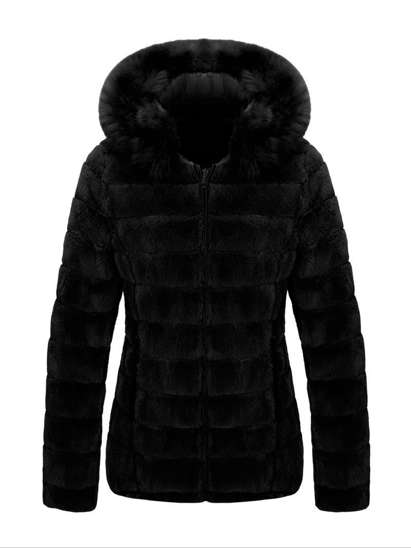 Product Introduction of Women's Solid Color Contrast Faux Fur Reversible Hooded Jacket, Casual Warm Long Sleeve Drawstring Quilted Coat for Fall & Winter, Women's Clothing for Daily Wear 2