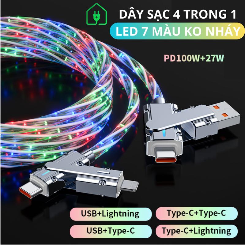  Dây cáp sạc nhanh 4 trong 1 bầu trời đầy sao 7 màu không nháy cao cấp hợp kim kẽm siêu dẻo chống đứt gãy bọc nhôm kẽm 1m sạc đa thiết bị tiện lợi cho IOS Android Phụ Kiện Sạc Điện Thoại Usb 