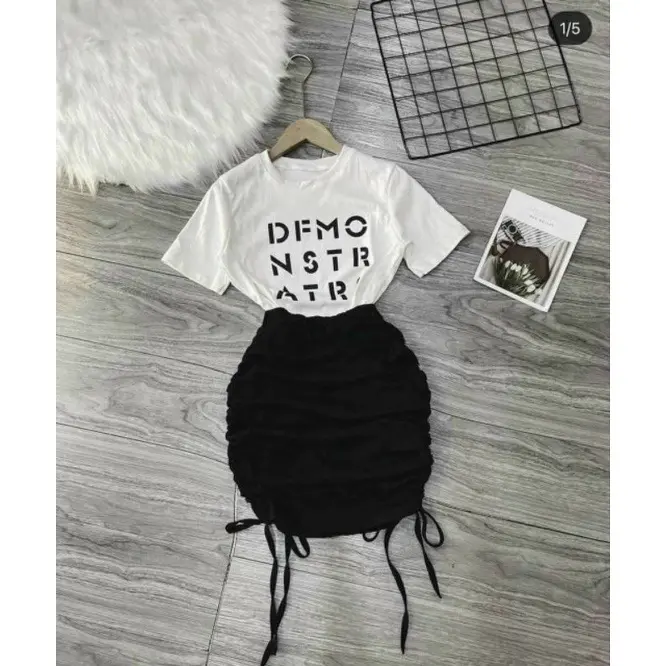 Set áo thun rộng váy rút dây set 2 món