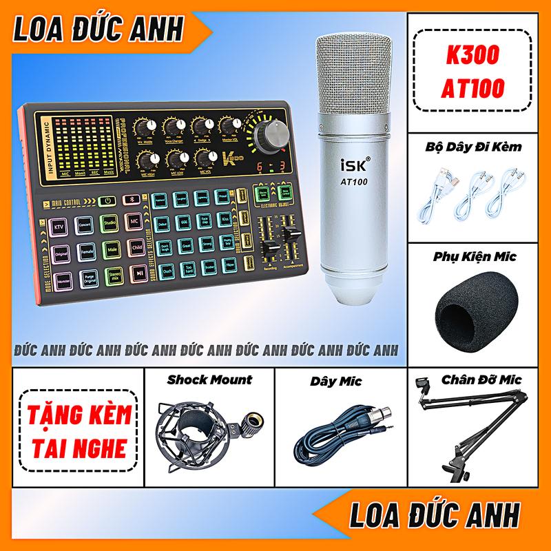 Bộ Mic Thu Âm AT100 Mic Livestream Màu Bạc Và Sound Card K300 Bluetooth Có Hiệu Ứng Tiếng Cười Vỗ Tay Giả Giọng Thêm Tai Nghe