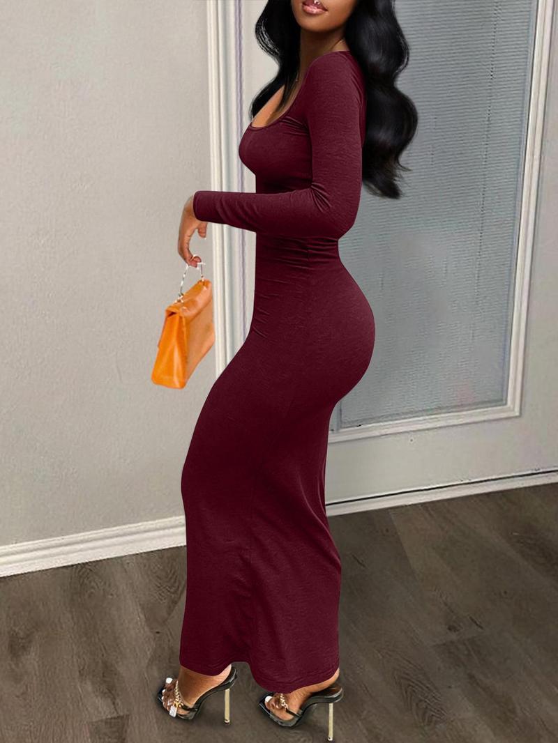 Product Introduction of Women's Solid Color U Neck Bodycon Dress, Casual Fashion Long Sleeve Dress for Daily Outdoor Wear, Ladies Clothes for All Seasons 8