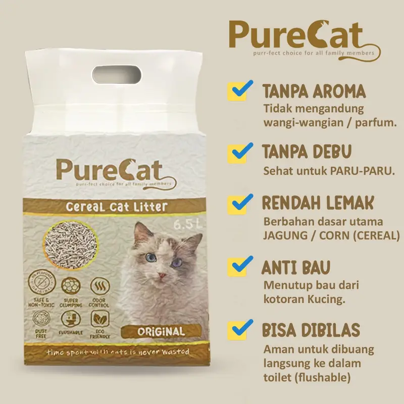 PURECAT PASIR KUCING CEREAL ORIGINAL TOFU CAT LITTER TANPA AROMA 2