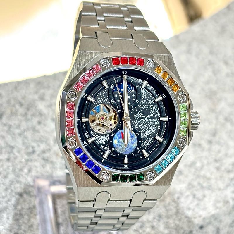   XẢ HÀNG  Đồng Hồ Cơ Nam DULUNWE Watch Bát Giác Đính Đá Bầu Trời Đầy Sao Dạ Quang Bóng Đêm Dải Ngân Hà Vũ Trụ Silicon Size 42mm Đeo Tay 