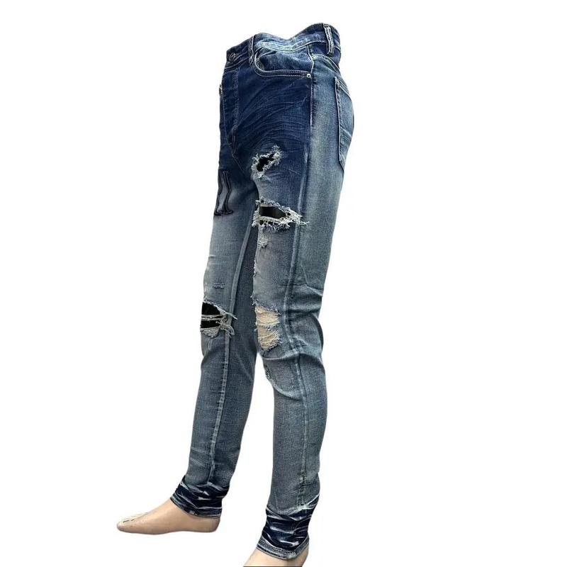 Quần bò xanh thêu đùi vá da mềm phẳng phom ôm chân vải dày dặn nặng và co dãn bền màu Jean Menswear Nam Pants Có Túi quần  thêu chữ đùi amiri quanjeans  namsale jean  dx quần  jean quần  bò quần  jean