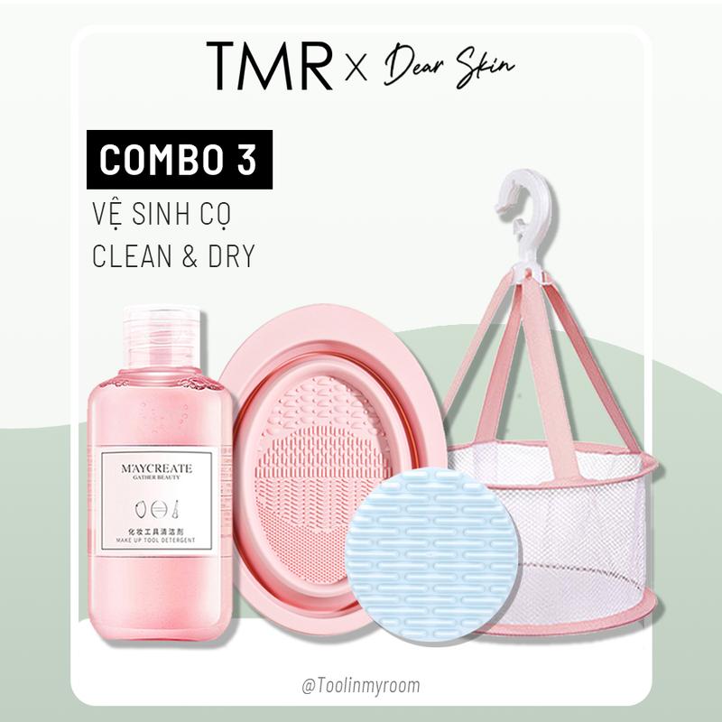 Bộ dụng cụ vệ sinh cọ trang điểm TMR Clean and Dry Combo set giỏ phơi cọ, nước rửa cọ tiện lợi