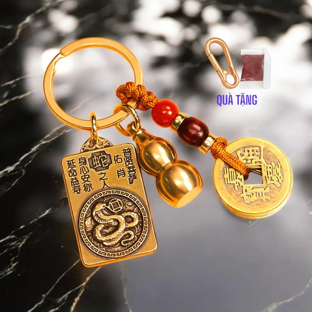 Móc khóa bằng đồng - 1 bộ combo 3 món - Qủa bầu - Thẻ con giáp bản mệnh - Dùng trang trí móc chỉa khóa túi xách. mkdt03