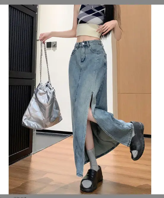 [XS-XL] Chân Váy Jeans Demin Xẻ Cạnh Trái Dáng Dài 96cm (ảnh thật shop chụp)V46 - NgocDiepVuSTORE