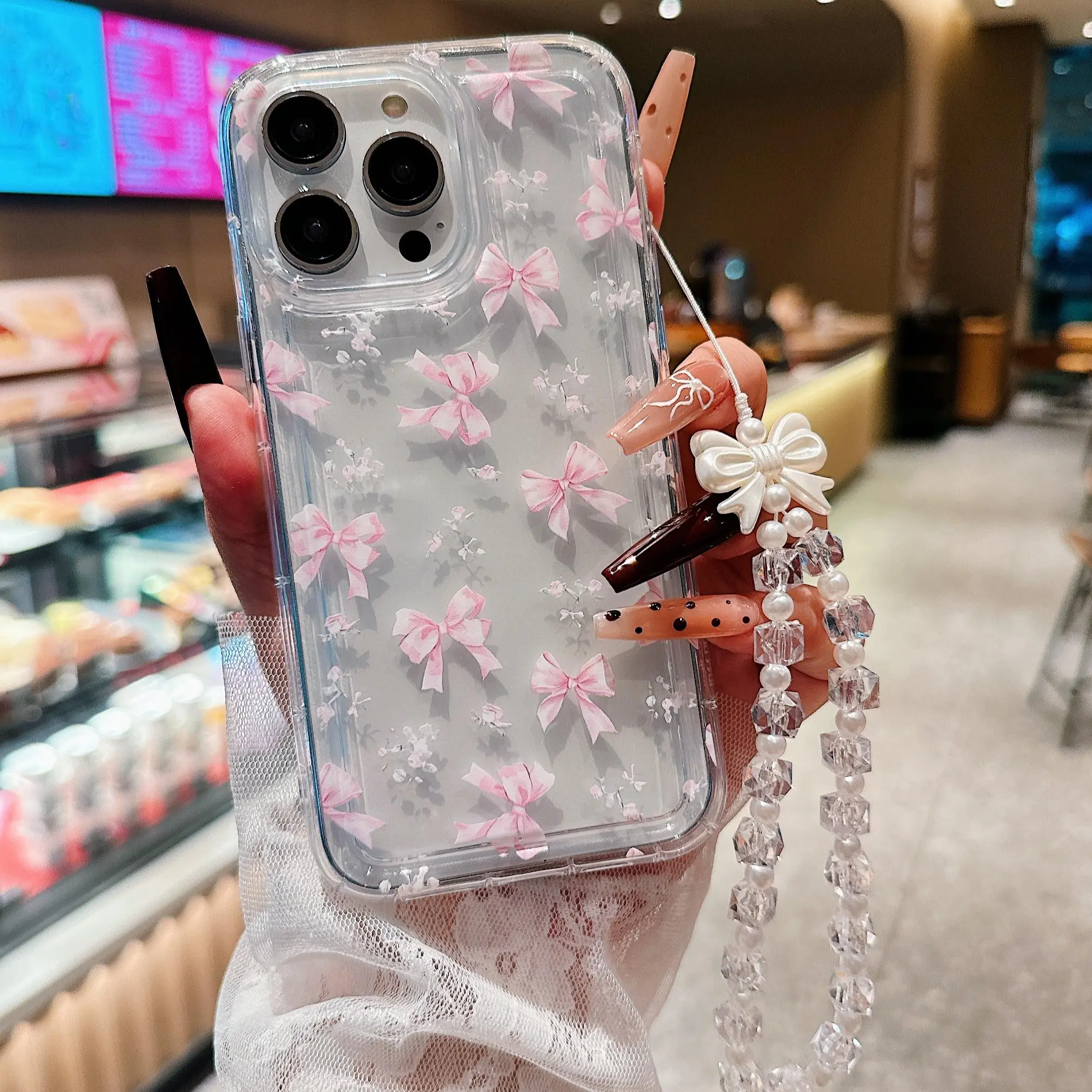 Bowknot Pattern Clear Phone Case with Beaded Lanyard, Cute Phone Protective Cover, Phone Accessories Compatible with iPhone 11 12 13 14 15 Pro Max