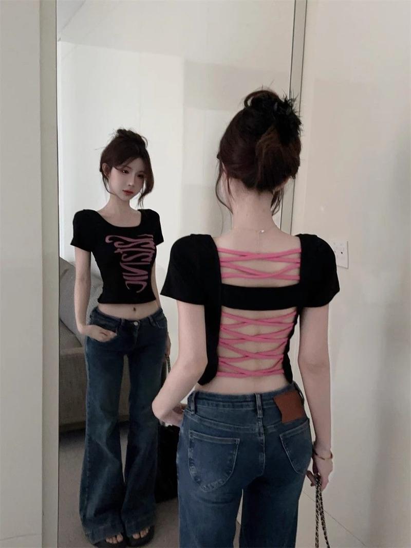 Product Introduction of Hot Design girls lace-up backless shoulder short sleeve top WOMEN'S slim fit slimming handbag color printed short T-shirt 13