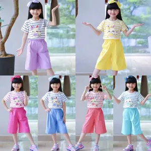 Setelan baju anak perempuan celana kulot motif salur usia 4-11 Tahun Bordir