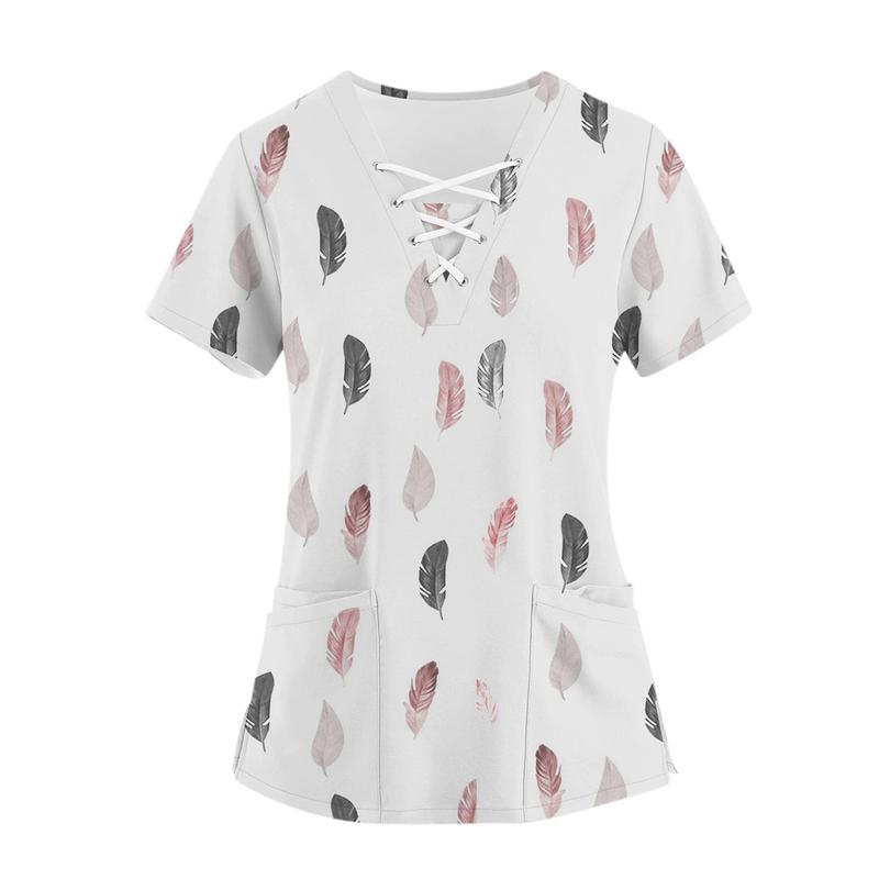 Product Introduction of Women Print Nurse Uniform Plus Size Summer Short Sleeve V-neck Tops Nursing Working Uniform T-shirts Clinic Protective Clothing 15
