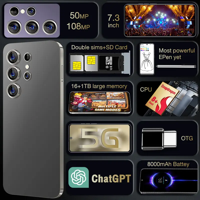 Điện Thoại Di Động S24 Ultra, Điện Thoại Thông Minh Màn Hình Lớn 7,3 Inch, RAM 16 + ROM 1T, Giá Thấp, Bán Chạy Xuyên Biên Giới, Giá Nhà Máy Nguồn s24 5g s24 plus 6