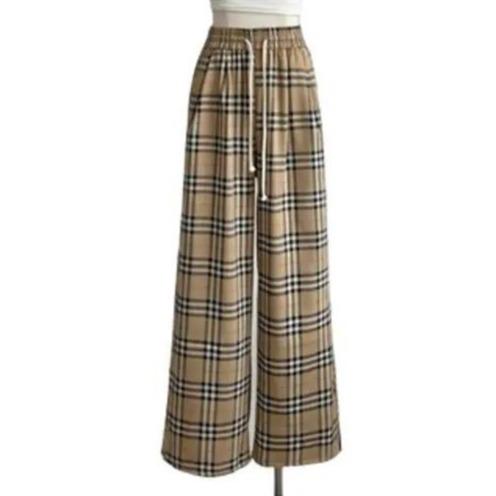 Quần Ống Suông Quần Ống Rộng Chất Liệu Thô Hoạ Tiết Kẻ Sọc Thiết Kế Lưng Cao Tôn Dáng, Kèm Dây Rút Dễ Phối Đồ Nữ Women Ong Pants Kem