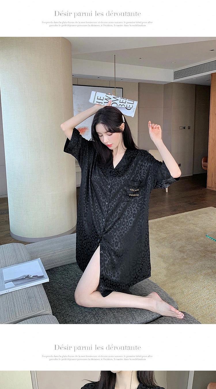Product Introduction of 2025 New Ice Silk Nightdress for Women Summer Short Sleeve Cardigan Mid-Length Pajamas Thin Sexy Loose Loungewear 3