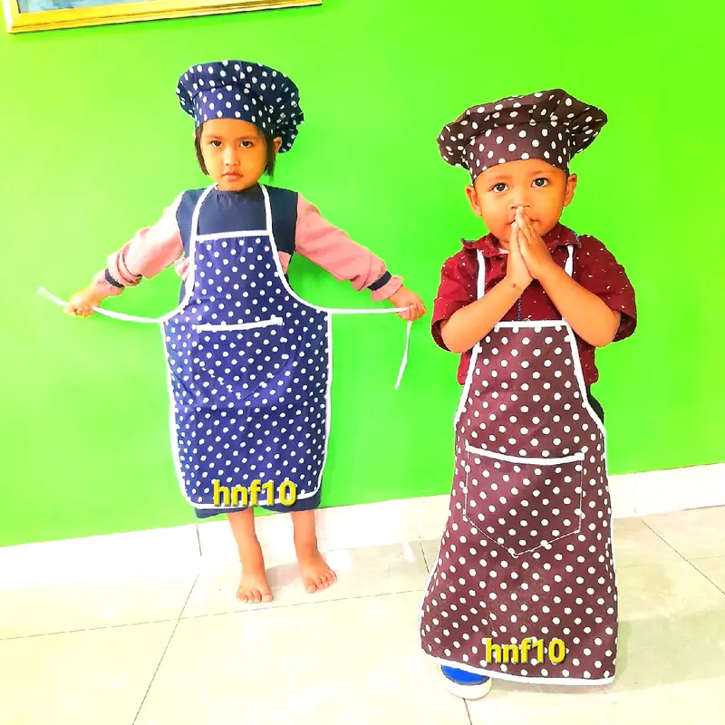 Celmek Apron Anak SD TK Polkadot Viral Plus Topi Chef Senada 1 set Celmek Dapur Anak Celemek viral dengan kantong polcadot hitam 1