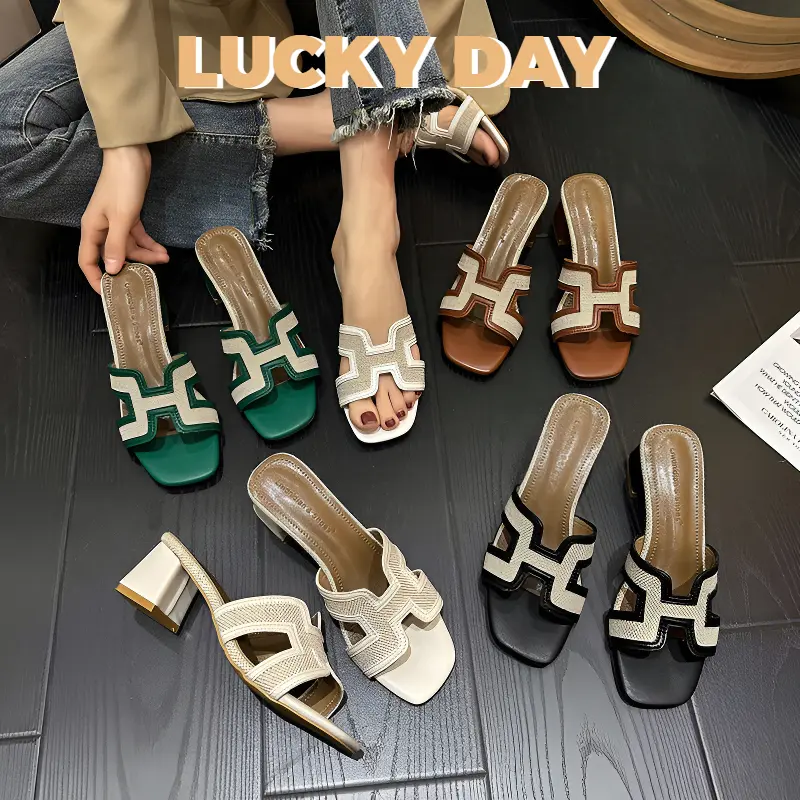 Dép Nữ, Thích Hợp Cho Mùa Hè, Hàng Mới Về, Dễ Phối Đồ, Quai Đơn, Khối Màu Denim, Gót Chunky, Dép Đi Biển, Có Thể Đeo Ngoài Trời