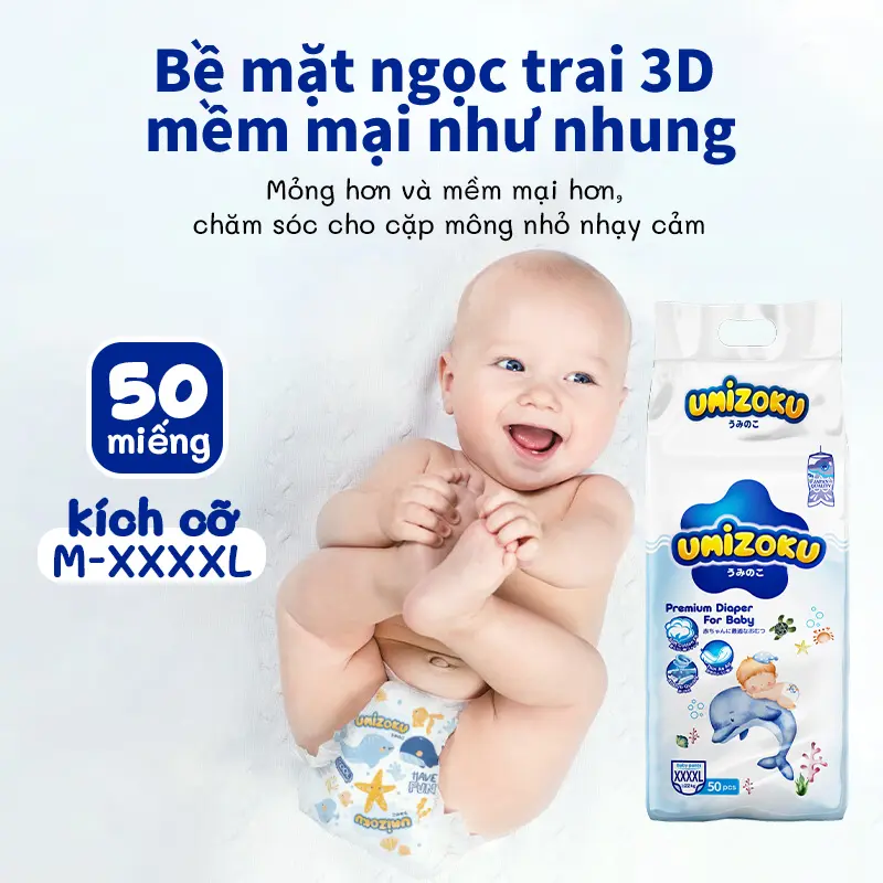 Tã quần trẻ em UMIZOKU siêu mỏng Nhật Bản M, L, XL, XXL, XXXL, XXXXL 50miếng