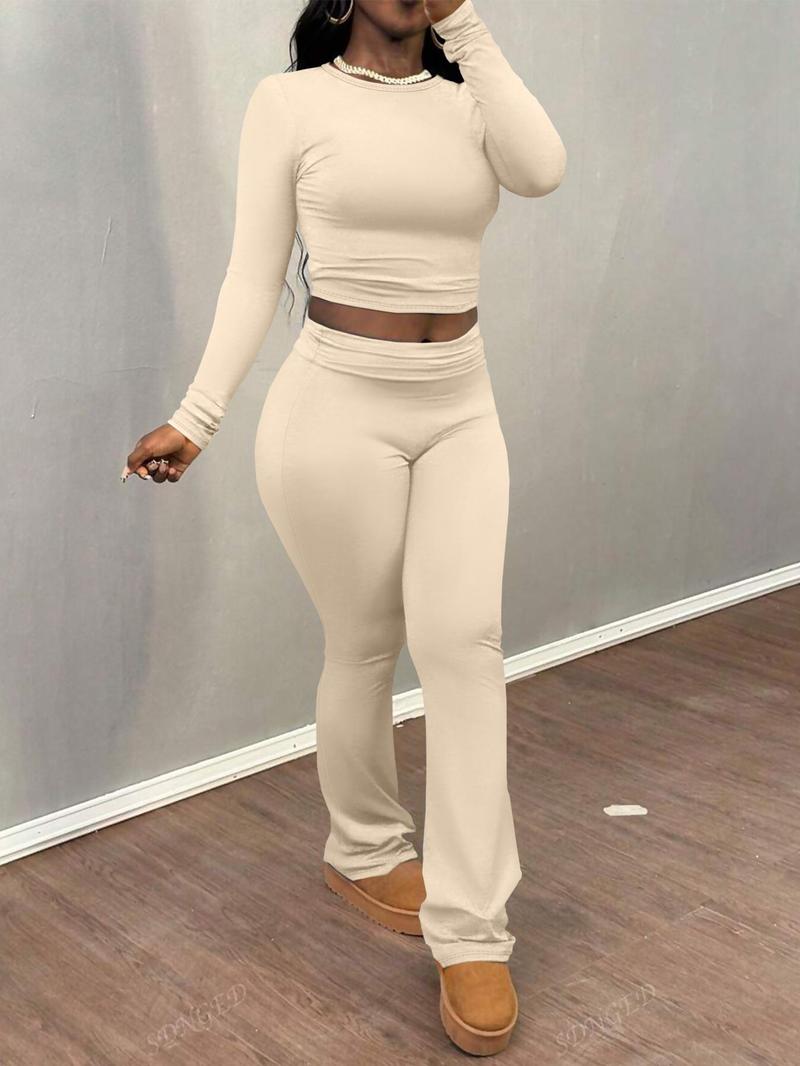 Product Introduction of Women's Solid Color Ruched Tee & Flare Leg Pants Set, Casual Long Sleeve Round Neck Top & Bell Bottom Trousers Two Piece Set for Fall & Winter, Women's Clothes for Daily Wear， Rave 2 Piece Set 12