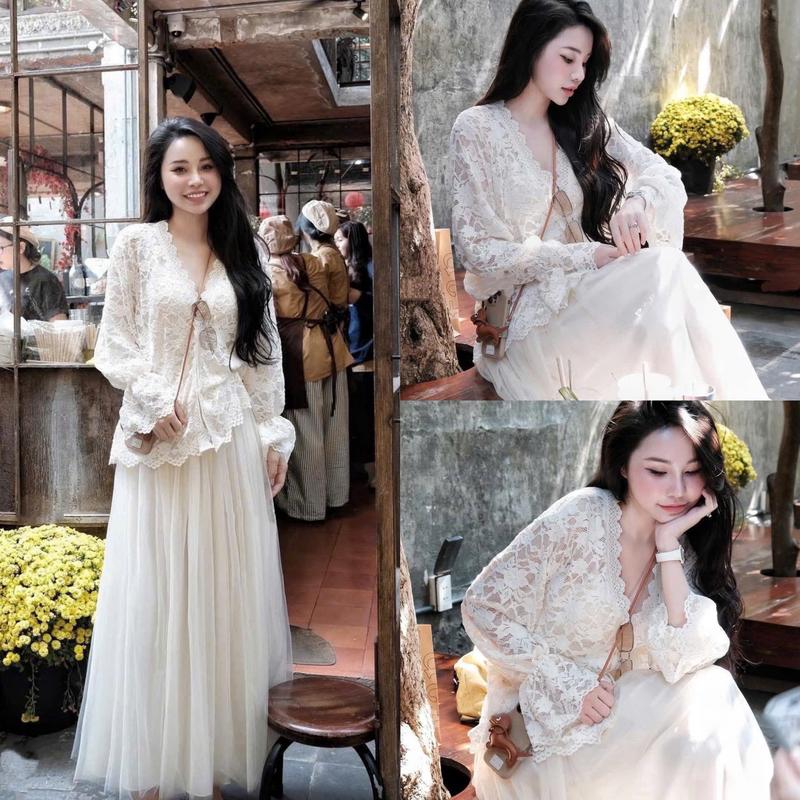  SET ÁO REN CỔ V DÀI TAY PHỐI CHÂN VÁY LƯỚI DÁNG DÀI 