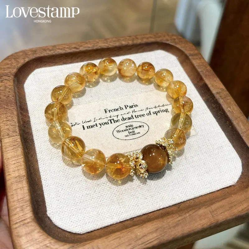 Natural Yellow Crystal Tiger Eye Stone Bracelet Attracts Wealth 12mm Large Round Bead Bracelet for Women