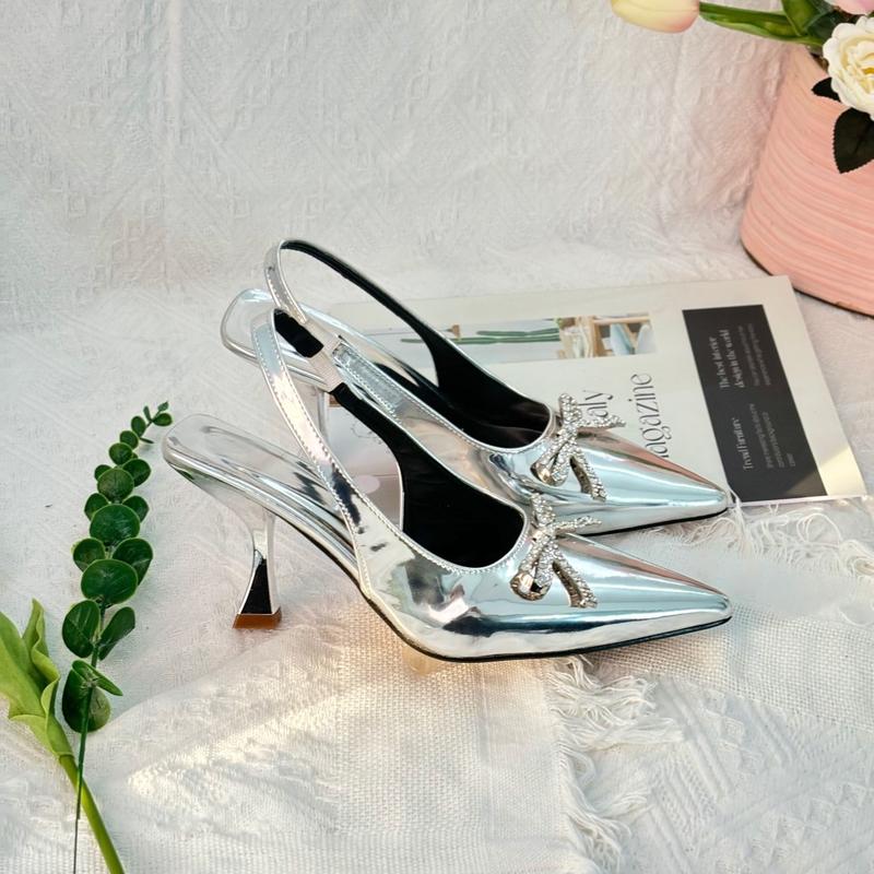 Giày cao gót 8p V.A.N màu bạc dễ đi dễ phối đồ phong cách tiểu thư mặt giày phối nơ đá - H25 Nữ Đế Cao Shoes