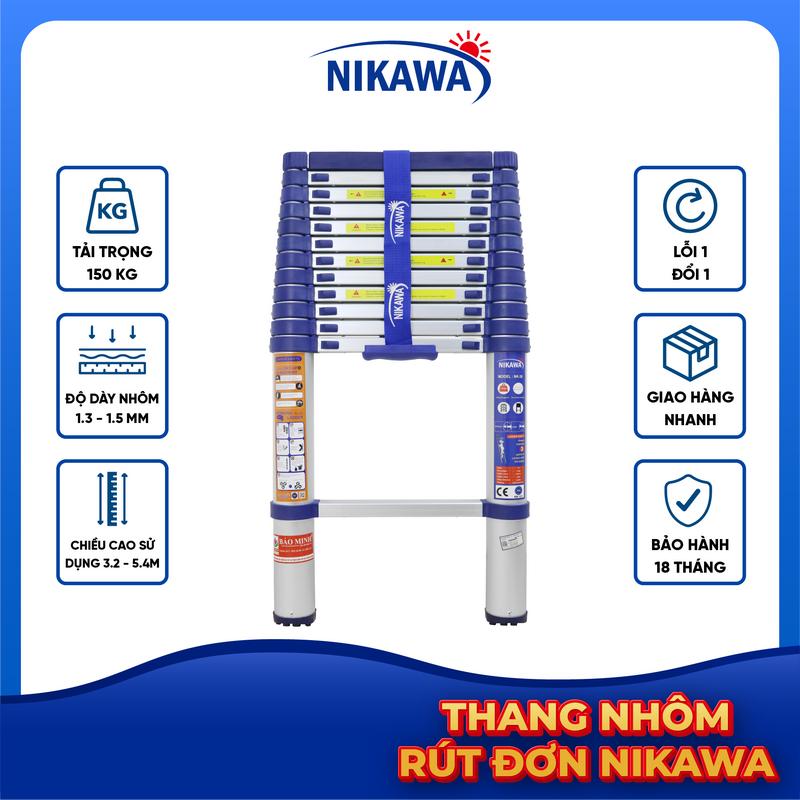 Thang nhôm rút đơn xếp gọn NIKAWA cao cấp chiều cao 3,2 - 6m bảo hành chính hãng 18 tháng Tặng kèm đệm cao su