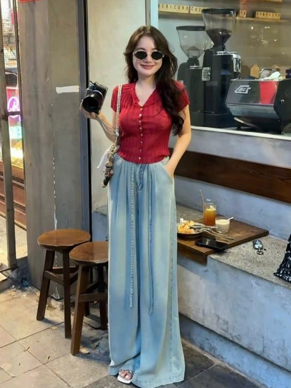 Quần Jeans Xuông Ống Rộng Lưng Cao Dài 105cm Cạp Chun Sau (ảnh thật shop chụp) - NgocDiepVuSTORE