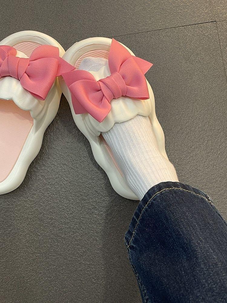 Product Introduction of New Cute Wild Bowknot Slippers for Women Summer Outdoor Student Dormitory Non-Slip Slip Slip-on Thick-Soled Sandals for Women Walking Shoes Footwear Girl Slide Flipflop Comfort Onyx 8