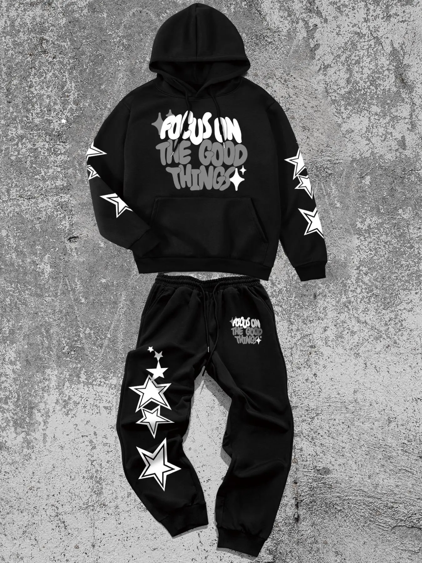 Men's Letter Print Drop Shoulder Hoodie & Star Print Pants Two-piece Set, Regular Fit Casual Fashion Cozy Breathable Two Piece Outfits for Daily Wear,  Winter Outfits, Men's Clothes for Fall & Winter Mens Paris Tracksuit
