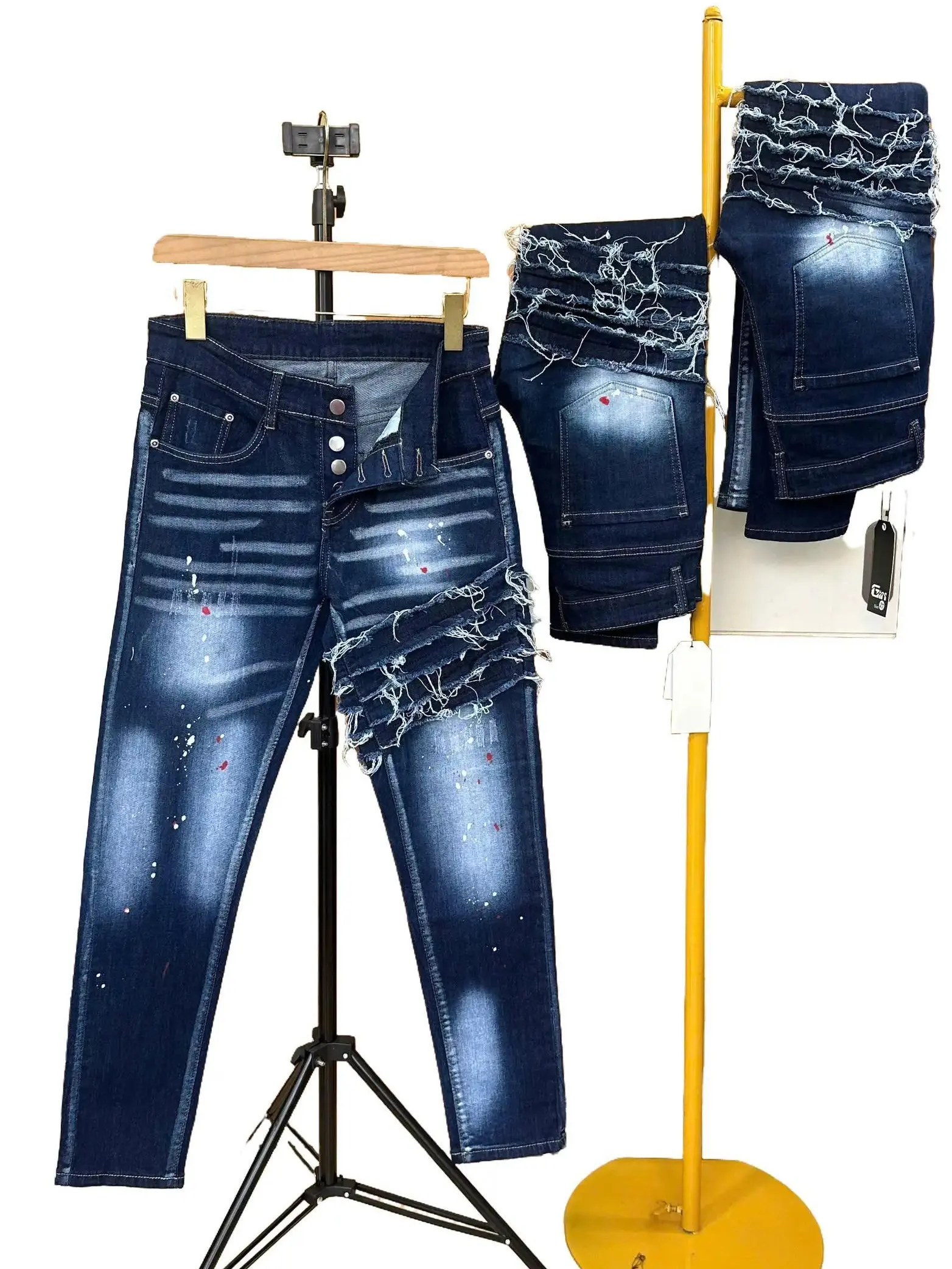 QUẦN JEANS XANH NAM 4 CÚC DÀI CO GIÃN PHẨY SƠN CÀO MÈO PHỐI VIỀN RÁCH KIỂU TUA RUA 1 BÊN THỜI TRANG BỤI PHỐ  Menswear Denim Pants Có Túi