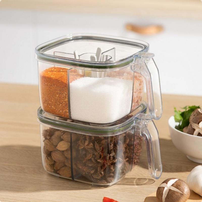 Product Introduction of Seasoning Box with Lid & Handle, 1 Count Multi Grid Sealed Moisture-proof Storage Box with Spoon, Kitchen Organizer, Kitchen Accessories 8